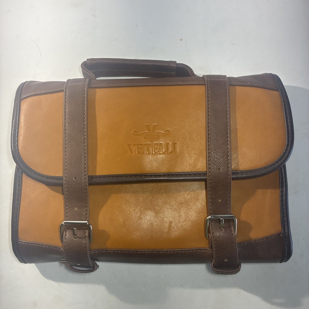Vetelli Hanging Toiletry Bag for Men, Brown Tan Faux Leather with Canvas Lining